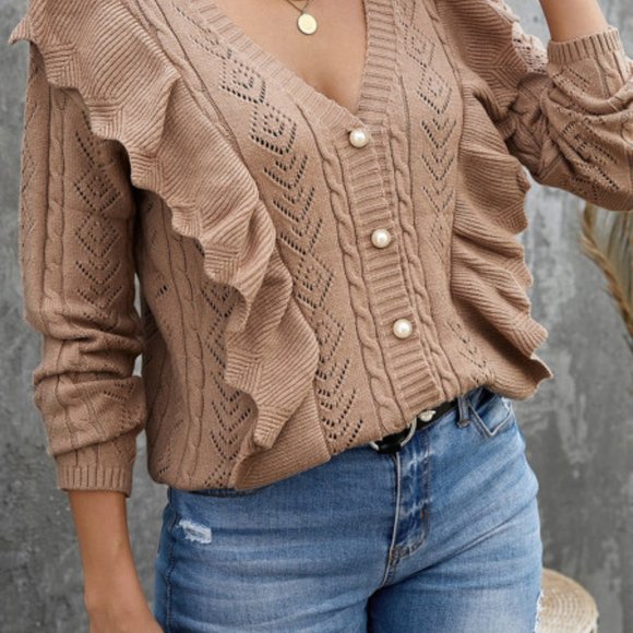NWT SOFT!Khaki (more of a tan) Ruffled Buttoned Open Front Knitted Sweater - Picture 2 of 3